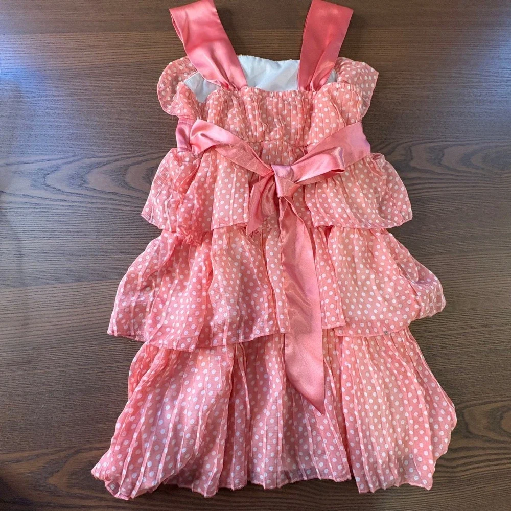 Candies‎ Girls Dress S Coral Pink Polka Dot Tiered Pleated Rosette Accent